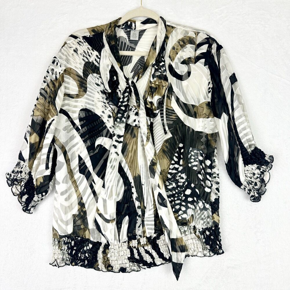 Vintage Cache Y2K Silk Blend Top Size Medium Tie Neck Semi Sheer 3/4 Sleeve